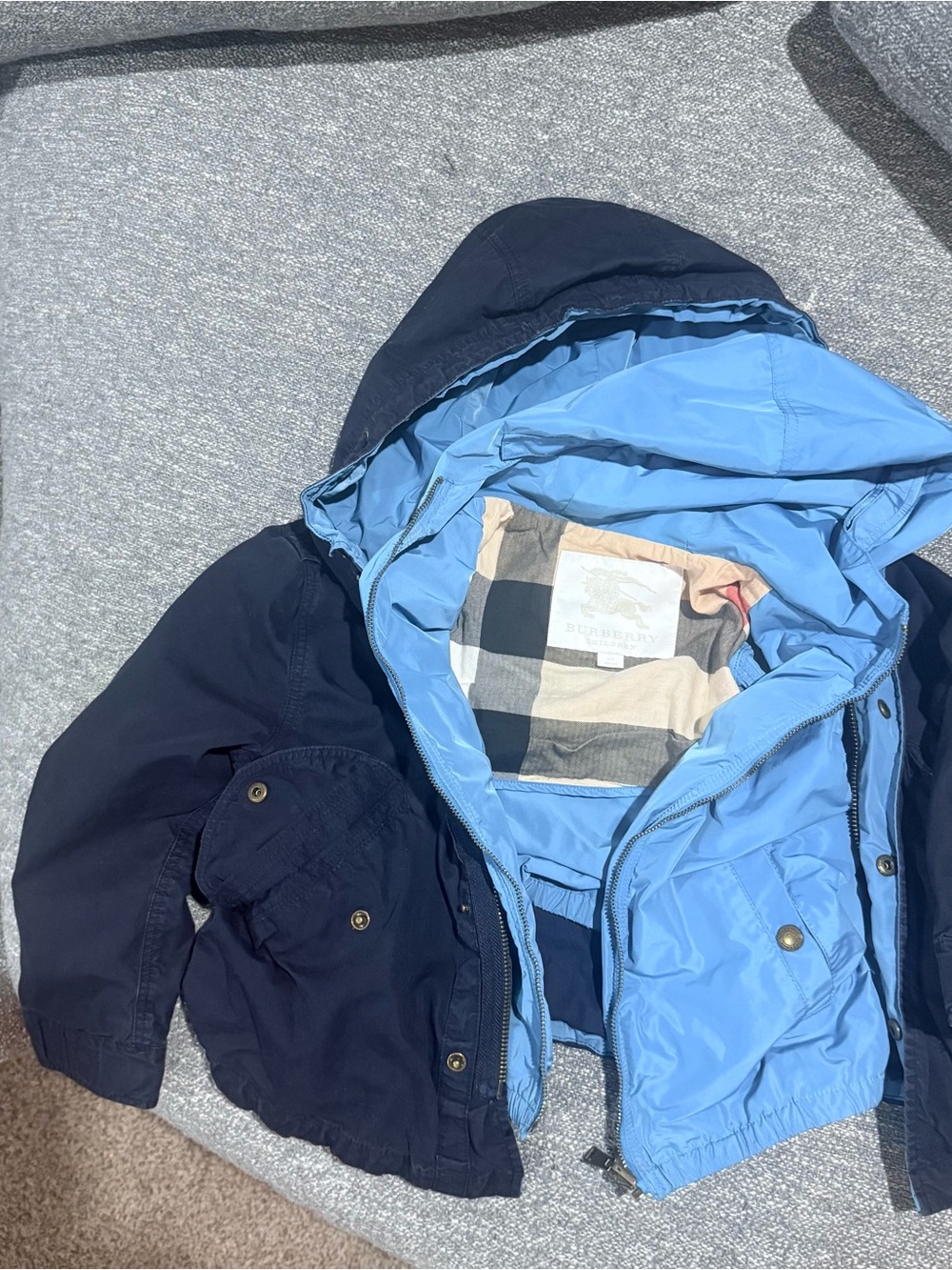 Burberry authentic Kids Hooded Navy Blue Jacket with Light Blue  Lining